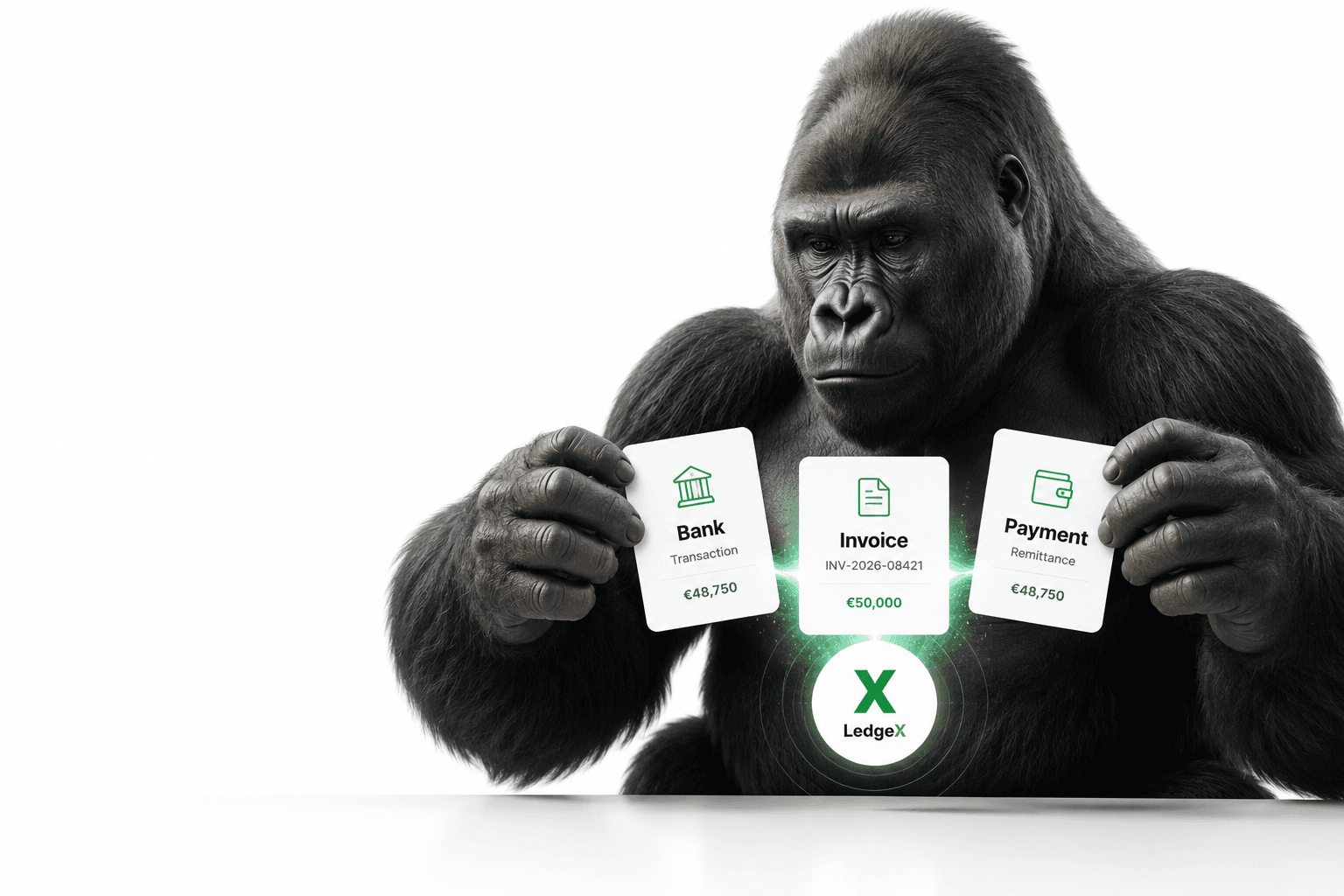 Bank, invoice and payment brought together by LedgeX, with a calm gorilla